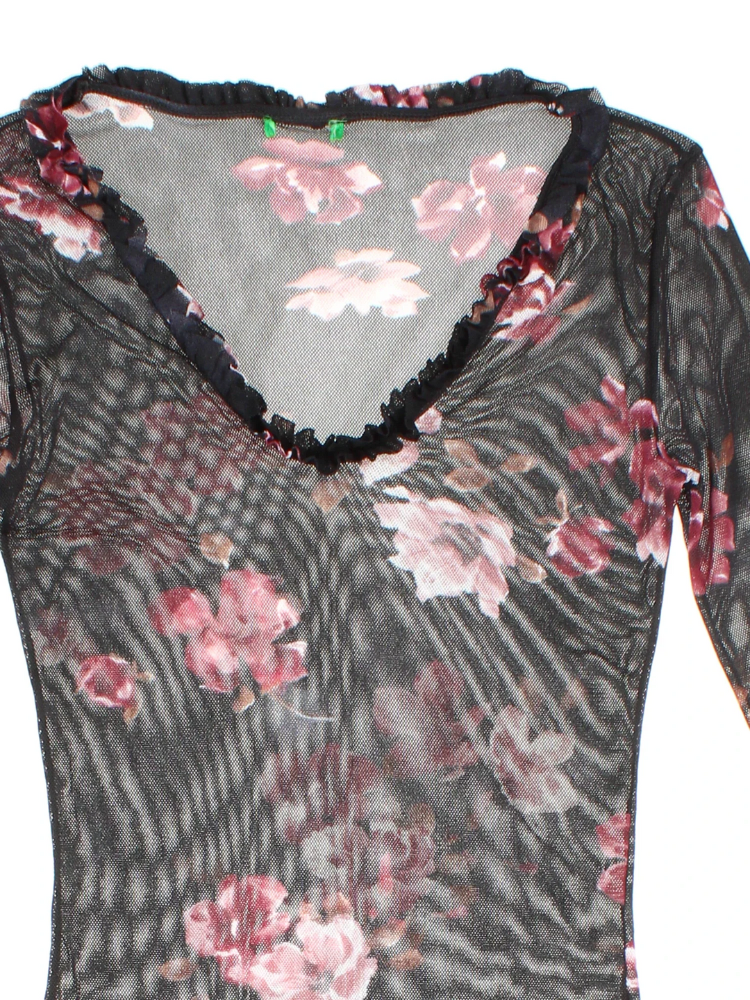 Y2K Floral Mesh Top in a black/pink colourway. V neckline, frill hem and all over floral pattern.