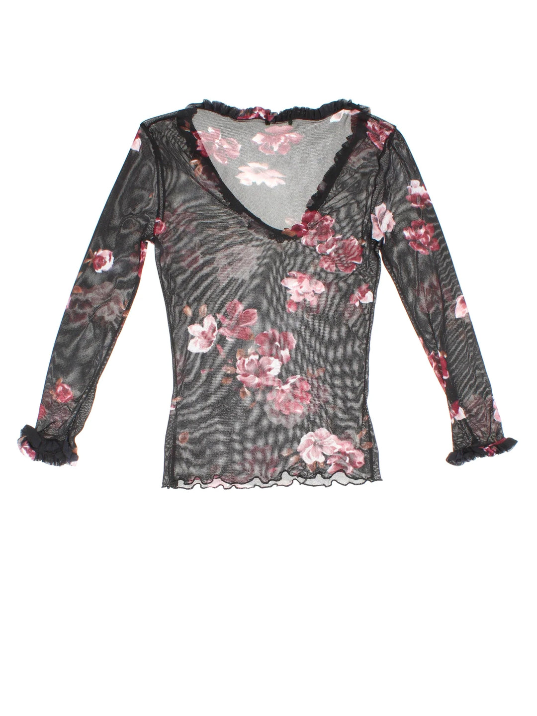 Y2K Floral Mesh Top in a black/pink colourway. V neckline, frill hem and all over floral pattern.