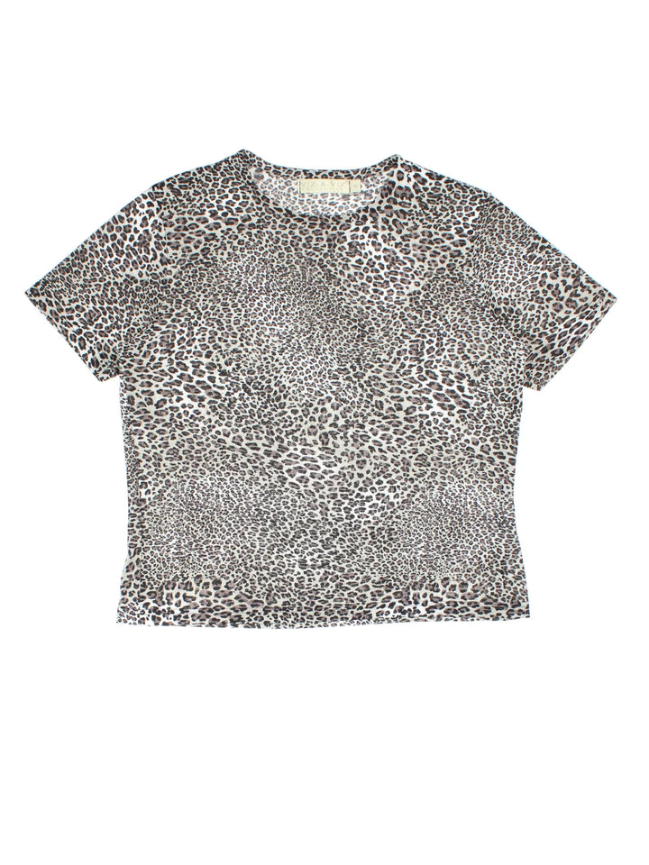 Y2K Leopard Print Top in a black/brown colourway. Round neckline and all over leopard print pattern.