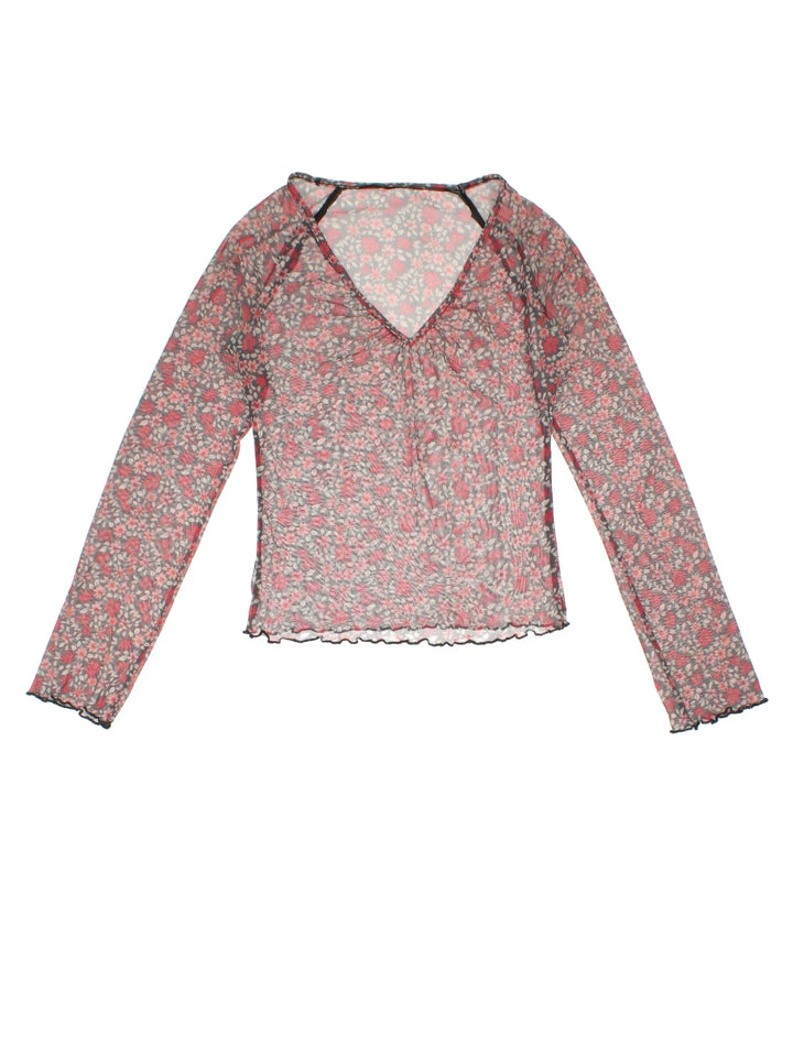 Y2K Floral Mesh Top in a red/black colourway. V neckline, frill hem and all over floral pattern.
