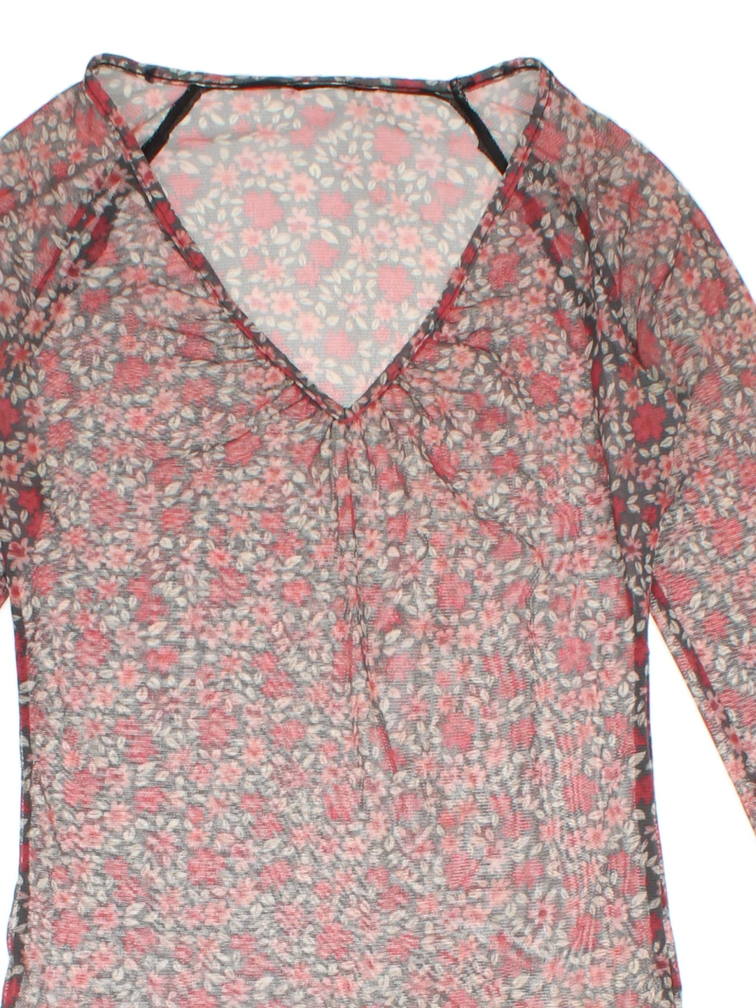 Y2K Floral Mesh Top in a red/black colourway. V neckline, frill hem and all over floral pattern.