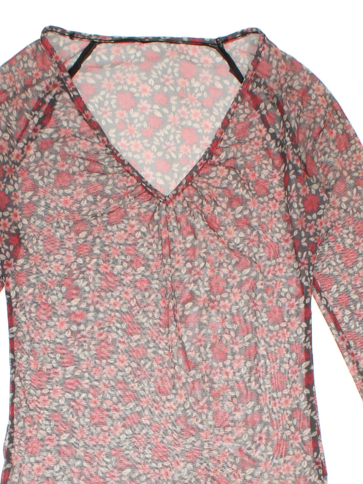 Y2K Floral Mesh Top in a red/black colourway. V neckline, frill hem and all over floral pattern.