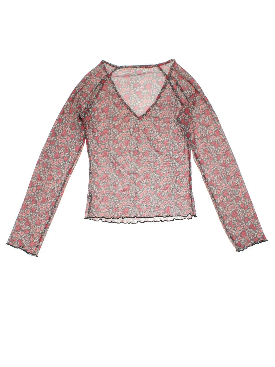 Y2K Floral Mesh Top in a red/black colourway. V neckline, frill hem and all over floral pattern.