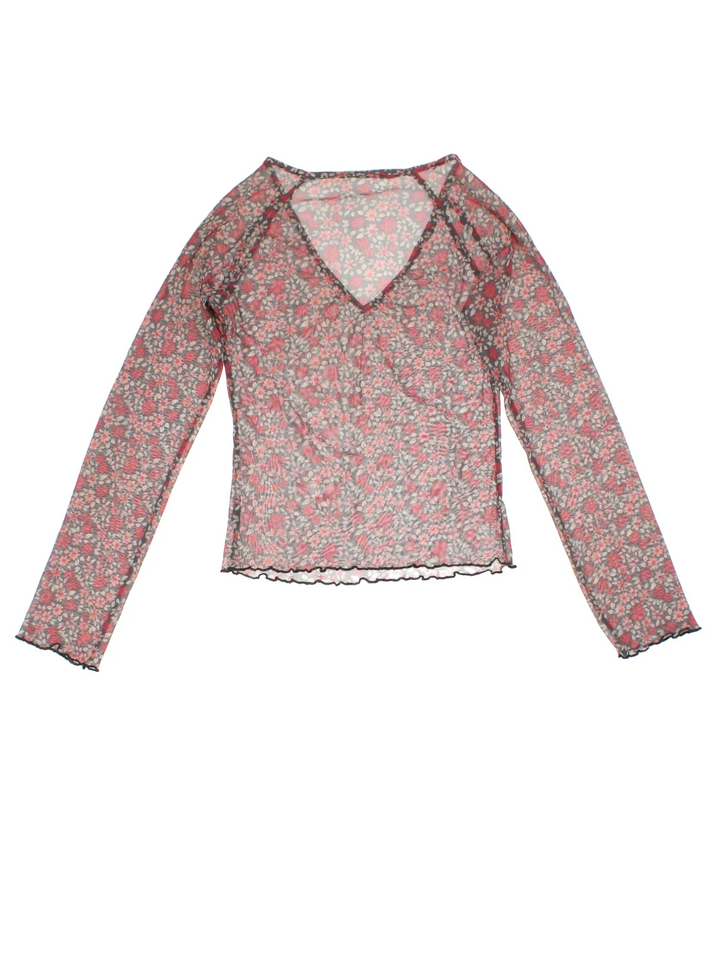 Y2K Floral Mesh Top in a red/black colourway. V neckline, frill hem and all over floral pattern.