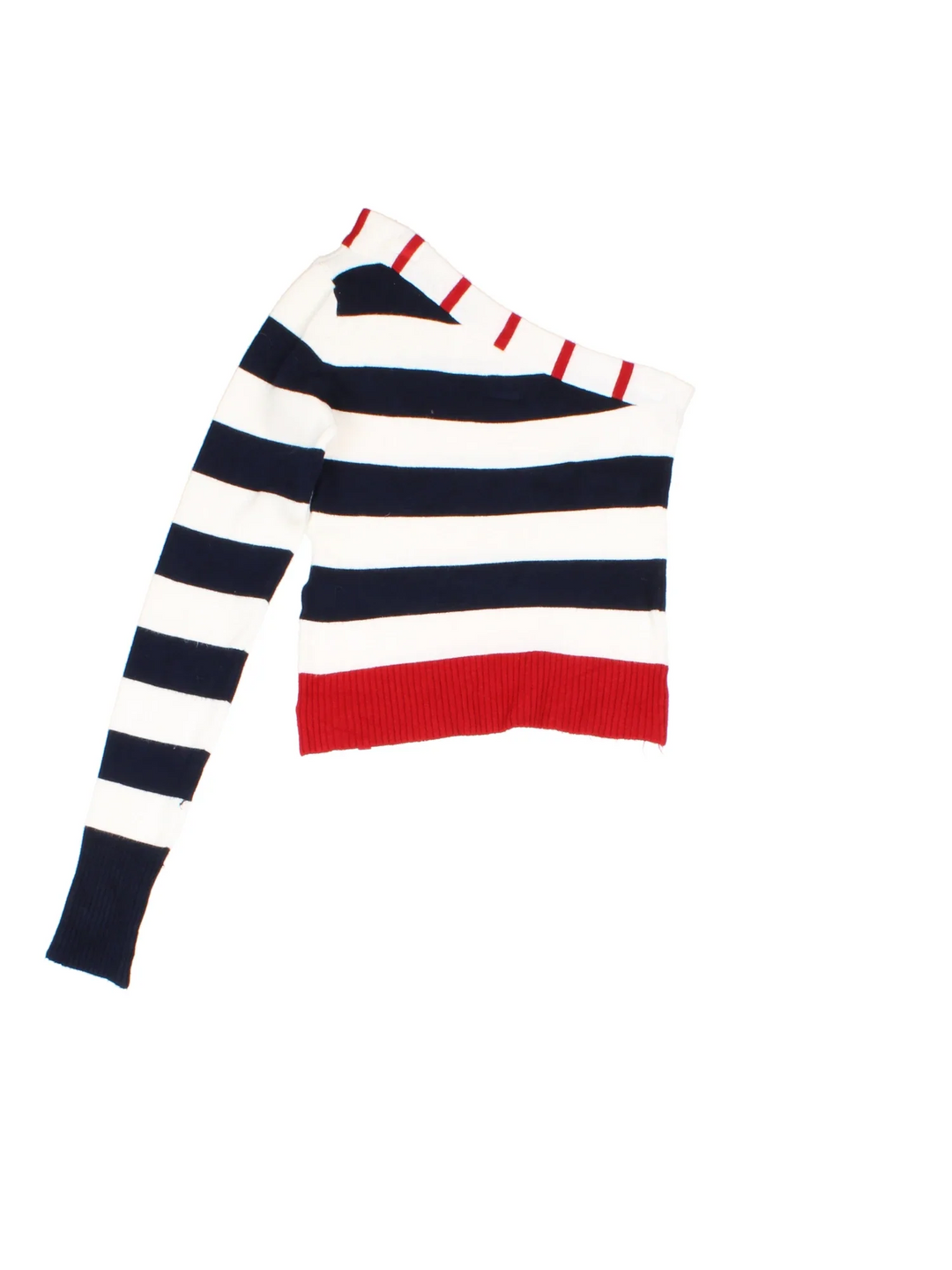 Y2K Miss Sixty One Shoulder Top in a white/blue colourway. Asymmetrical with contrast collar/cuffs and all over stripe pattern.