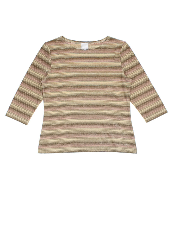 Y2K Glitter Stripe Top in a brown/gold colourway. Round neck, 3/4 length sleeves and all over stripe pattern.