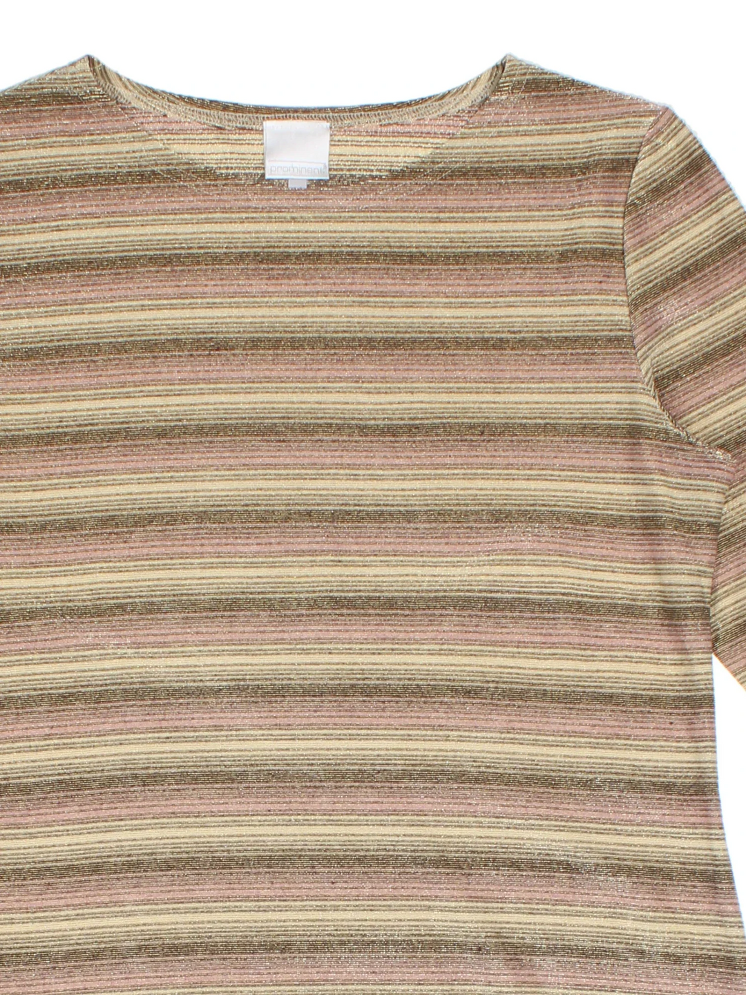 Y2K Glitter Stripe Top in a brown/gold colourway. Round neck, 3/4 length sleeves and all over stripe pattern.
