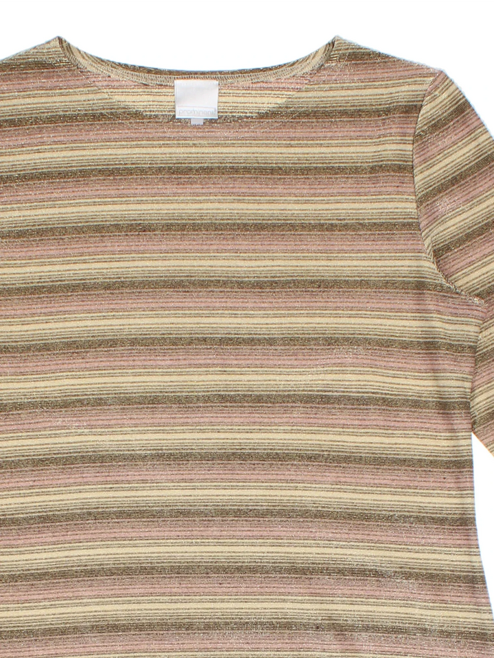 Y2K Glitter Stripe Top in a brown/gold colourway. Round neck, 3/4 length sleeves and all over stripe pattern.