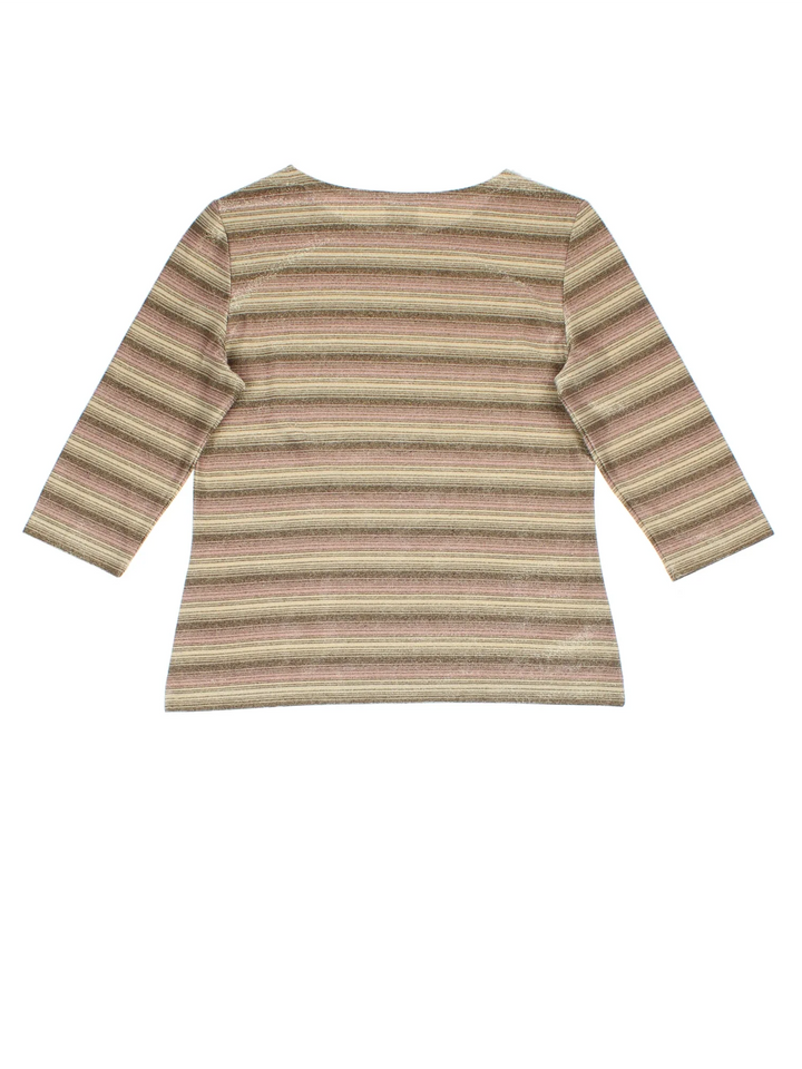 Y2K Glitter Stripe Top in a brown/gold colourway. Round neck, 3/4 length sleeves and all over stripe pattern.