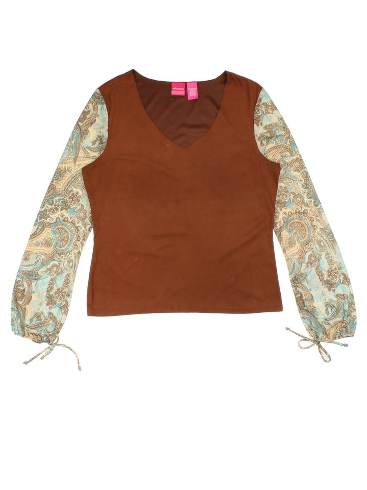 Y2K Paisley Top in a brown/blue colourway. V neckline, with contrast print sleeves..