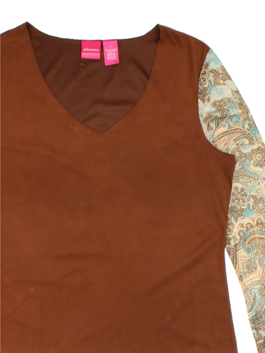 Y2K Paisley Top in a brown/blue colourway. V neckline, with contrast print sleeves..