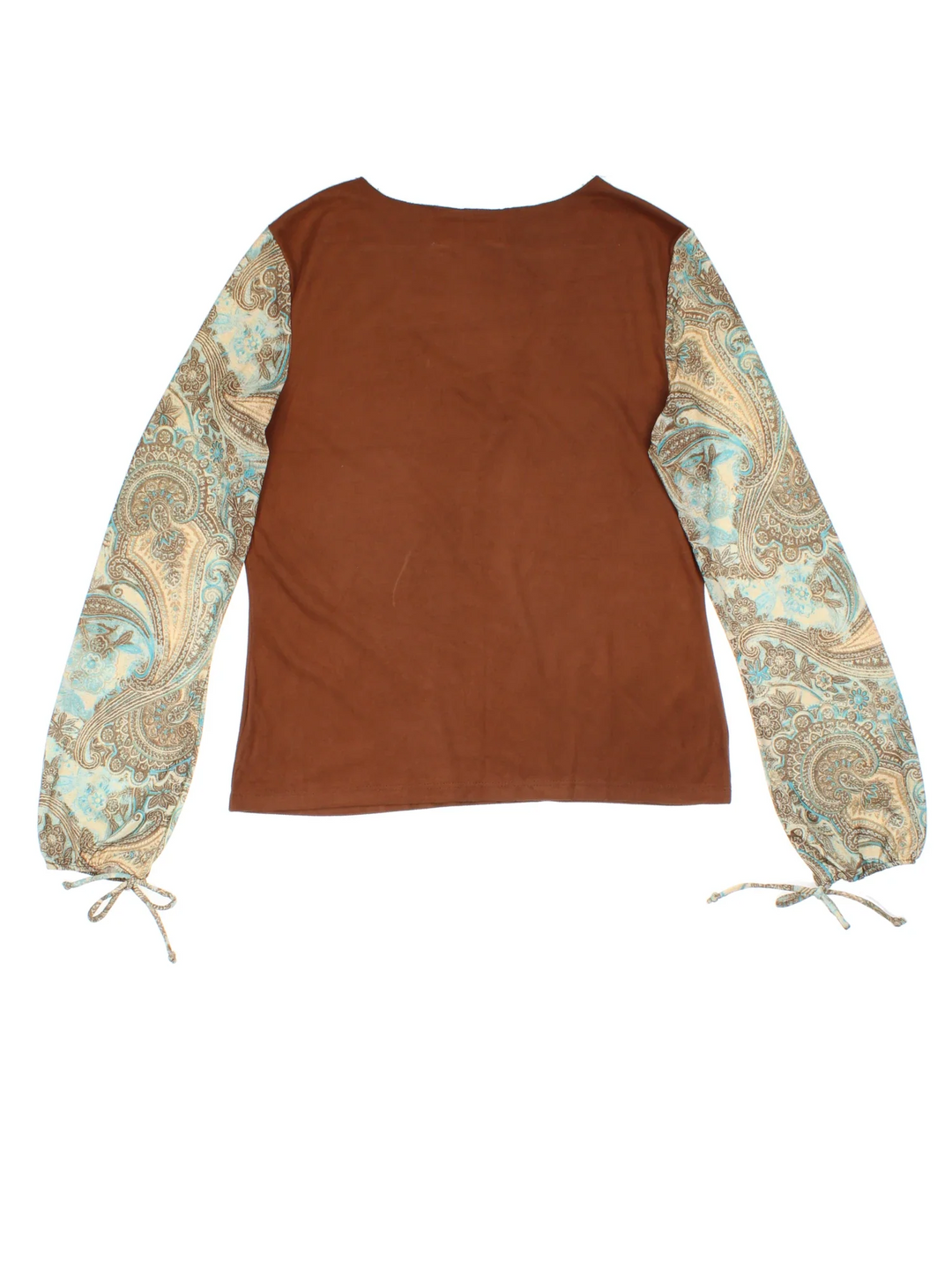 Y2K Paisley Top in a brown/blue colourway. V neckline, with contrast print sleeves..