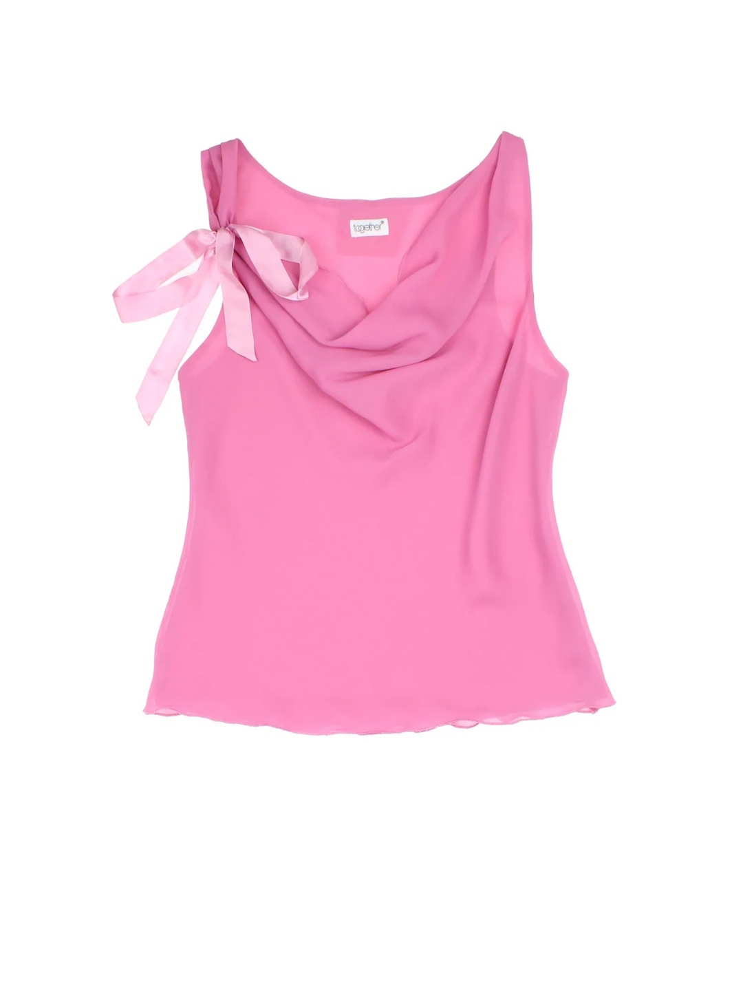 Y2K Bow Cami Top in a pink colourway, cowl neckline with bow detail.