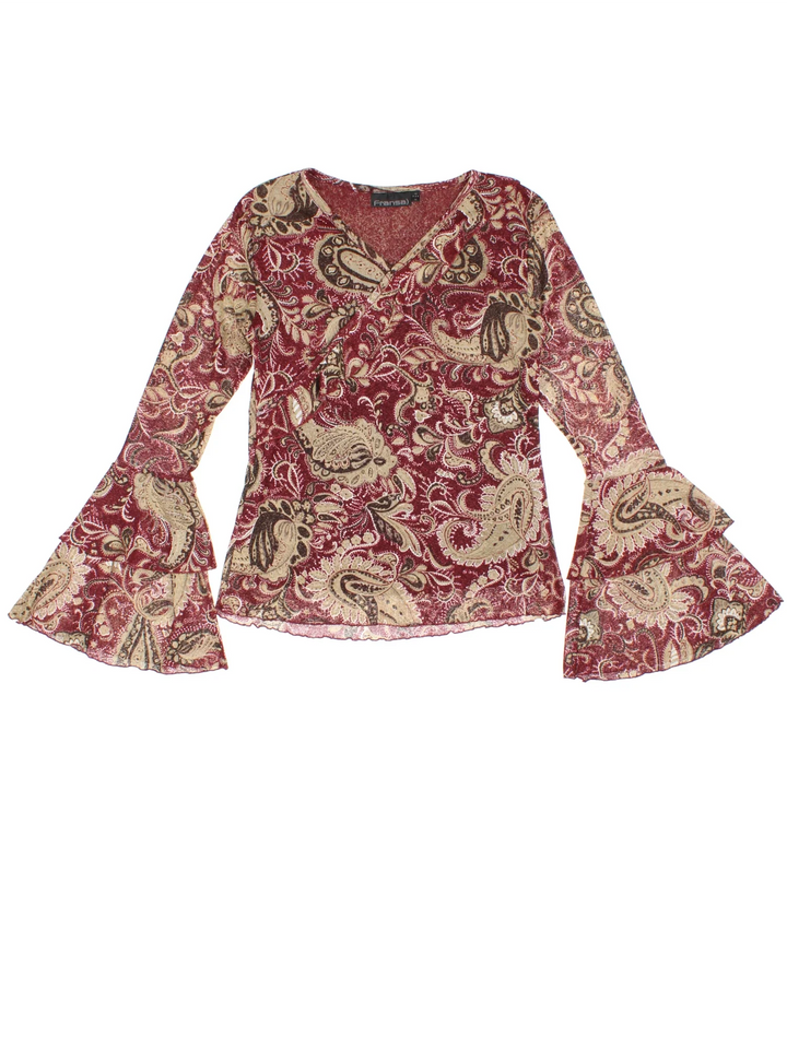 Y2K Paisley Mesh Top in a red colourway, V neck with flute sleeves and frill detail.