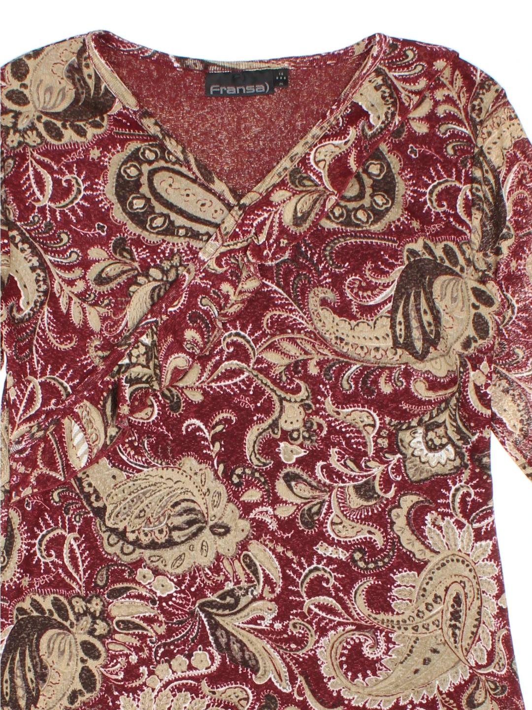 Y2K Paisley Mesh Top in a red colourway, V neck with flute sleeves and frill detail.