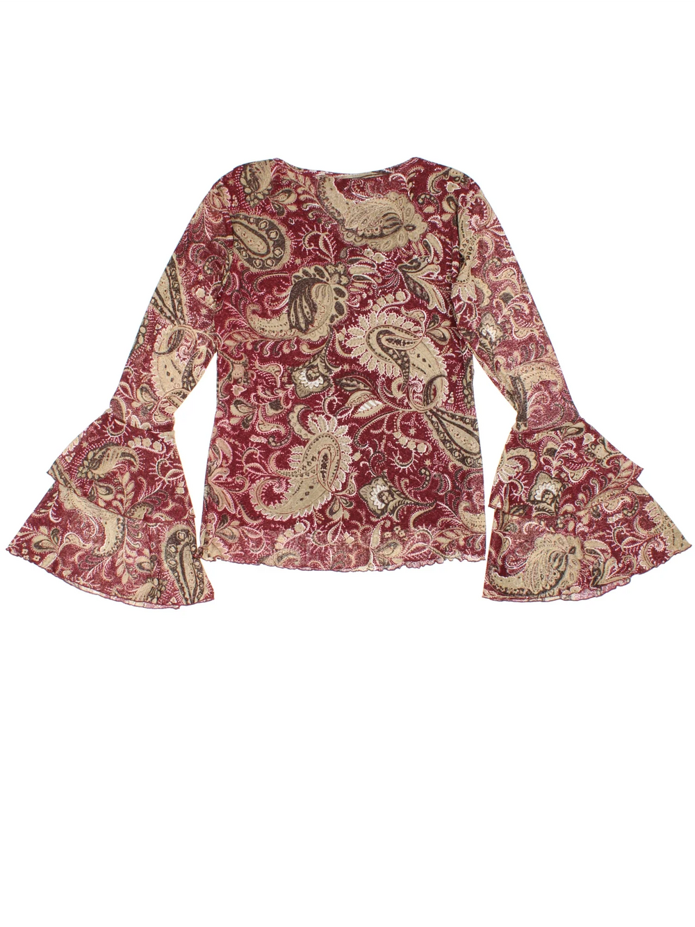 Y2K Paisley Mesh Top in a red colourway, V neck with flute sleeves and frill detail.