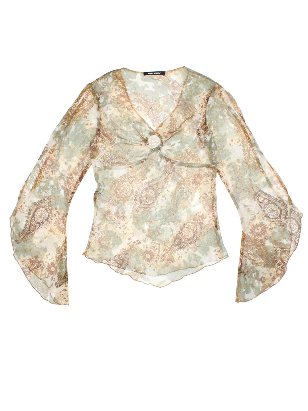 Y2K Paisley Sheer Top in a green colourway, V neck with key hole detail and cut out flute sleeves.