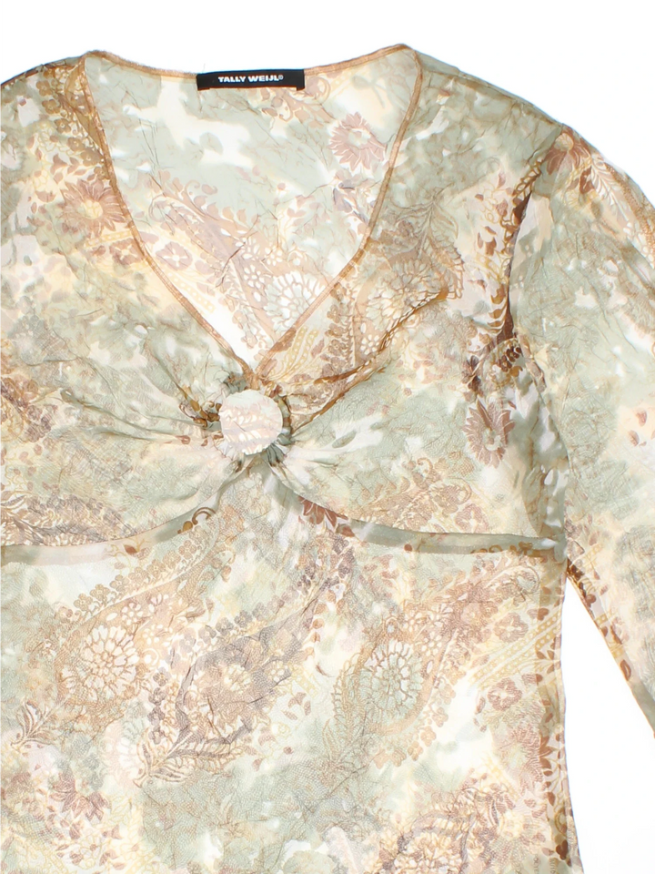 Y2K Paisley Sheer Top in a green colourway, V neck with key hole detail and cut out flute sleeves.