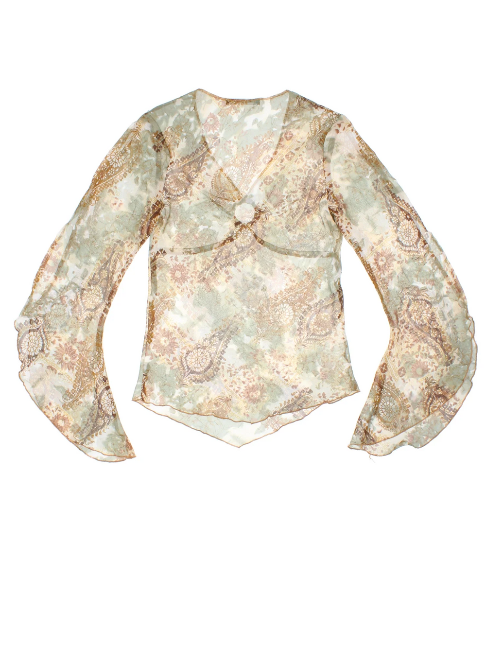 Y2K Paisley Sheer Top in a green colourway, V neck with key hole detail and cut out flute sleeves.