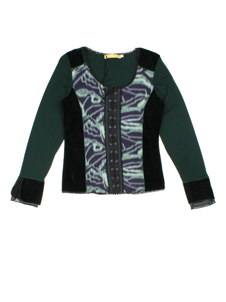 Vintage Biba Corset Top in a green colourway, round neck with lace up detail and flute sleeves.