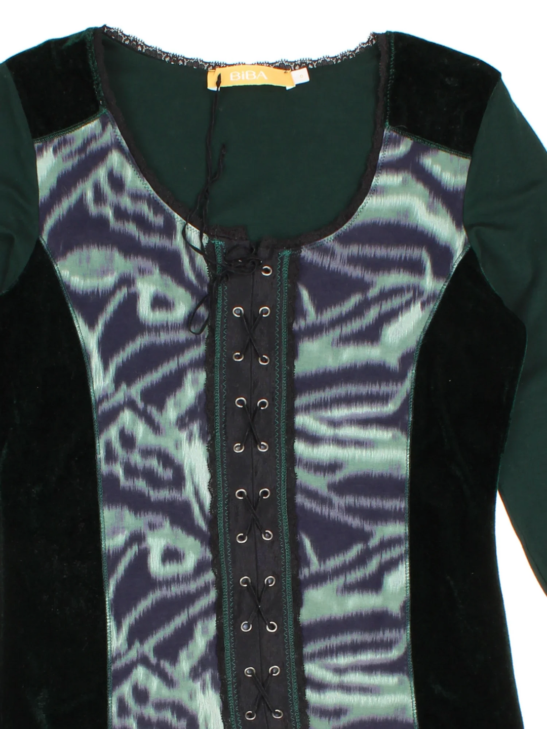 Vintage Biba Corset Top in a green colourway, round neck with lace up detail and flute sleeves.