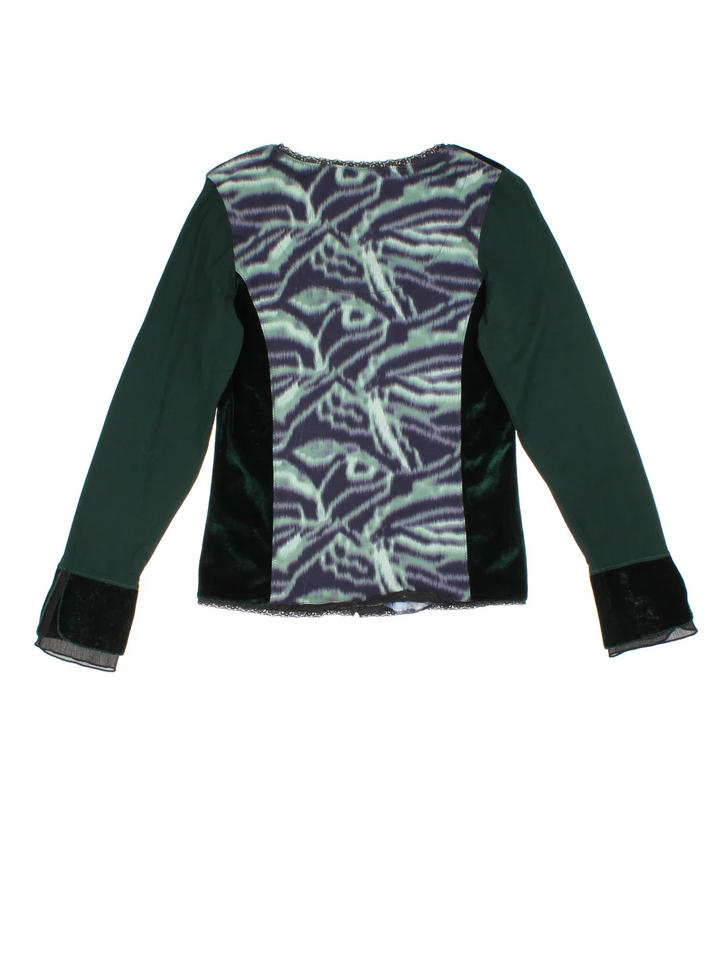 Vintage Biba Corset Top in a green colourway, round neck with lace up detail and flute sleeves.