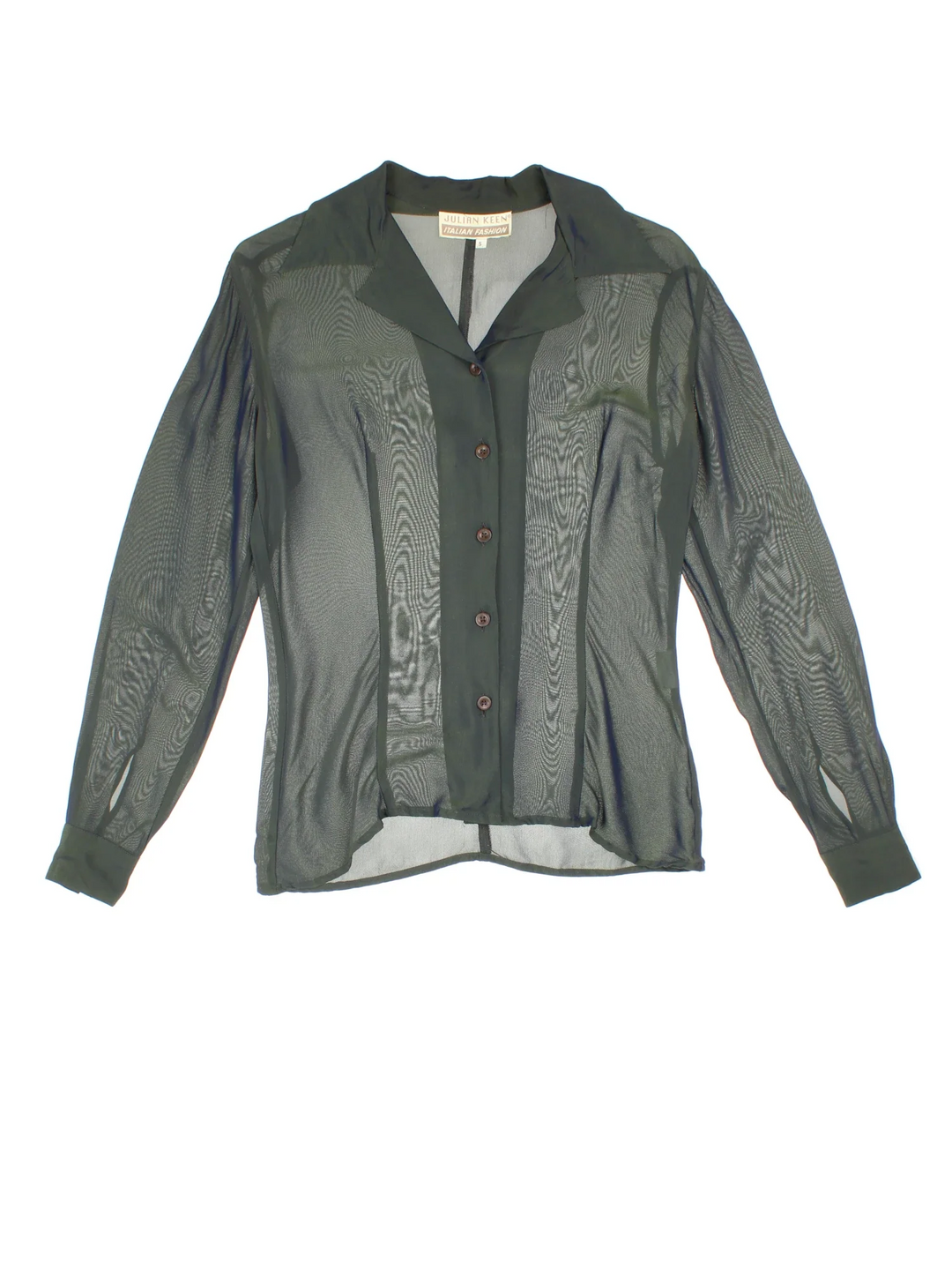 Y2K Sheer Blouse in a green/blue colourway, button up with V neck.