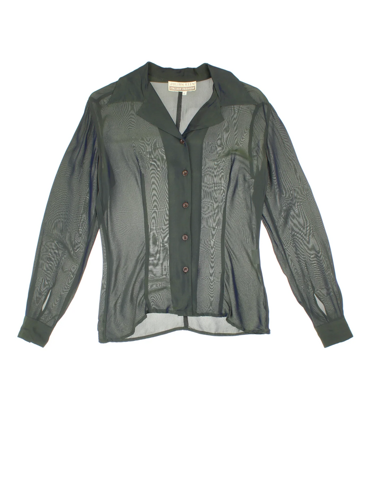Y2K Sheer Blouse in a green/blue colourway, button up with V neck.