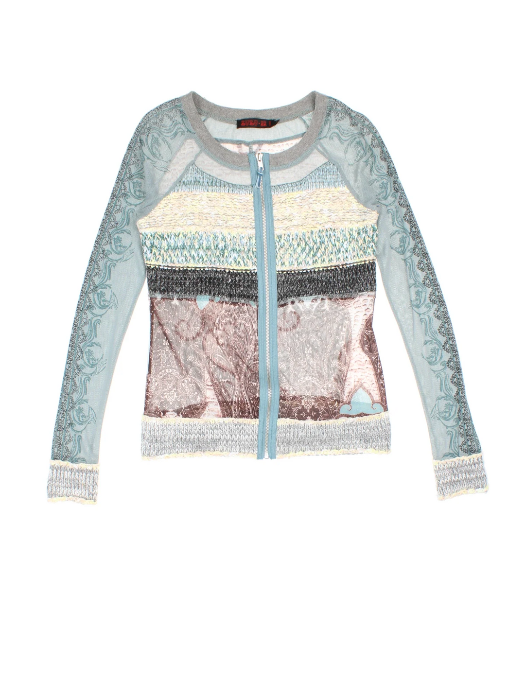 Y2K Knit Front Top in a blue/cream colourway, zip up with all over printed pattern.