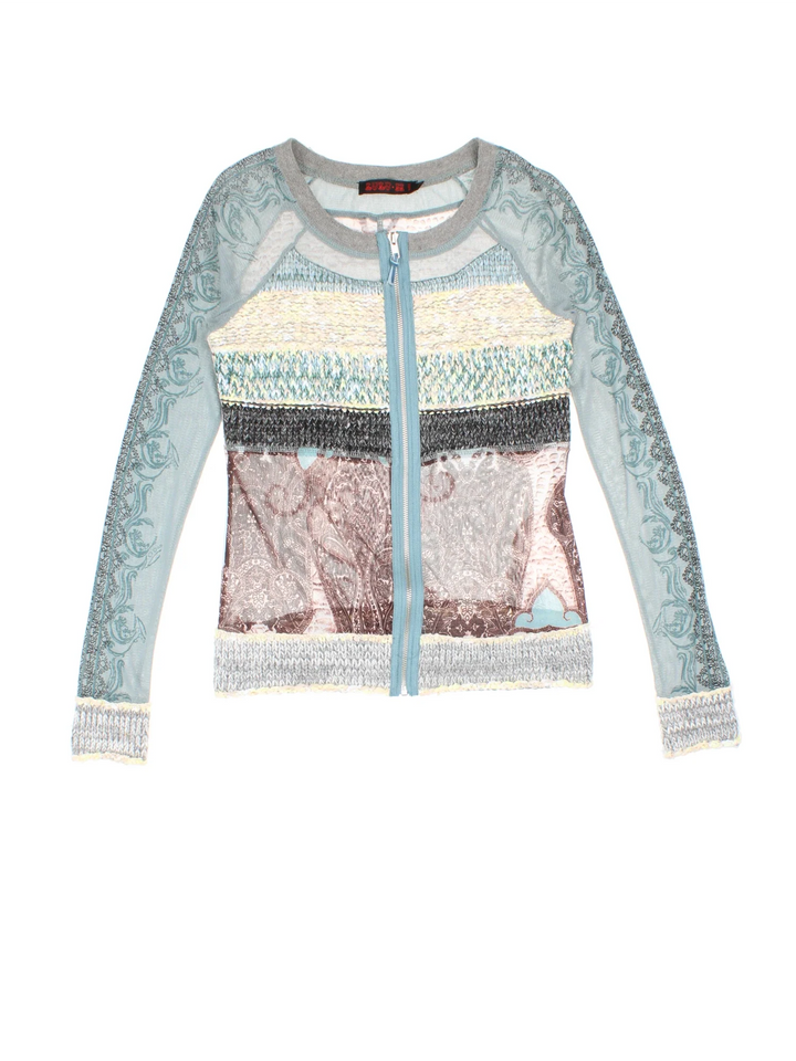 Y2K Knit Front Top in a blue/cream colourway, zip up with all over printed pattern.