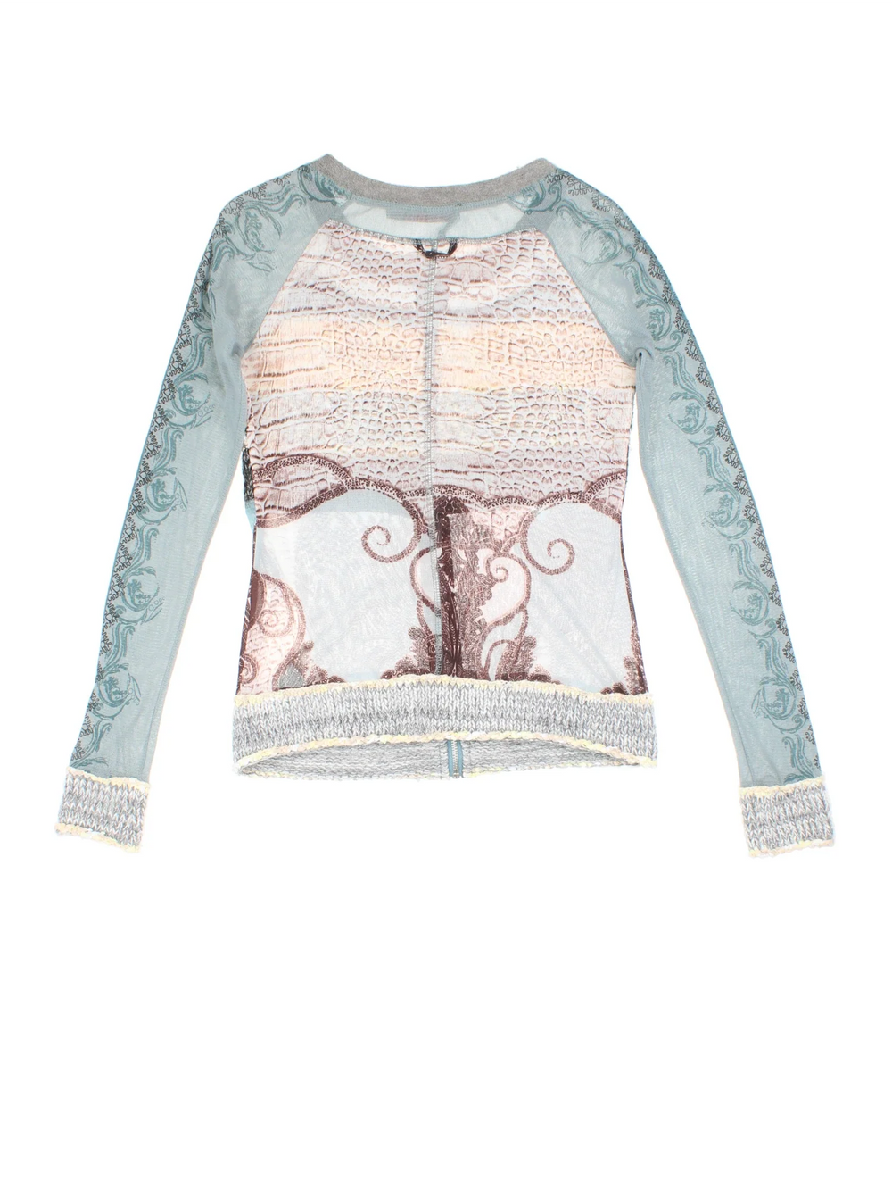 Y2K Knit Front Top in a blue/cream colourway, zip up with all over printed pattern.