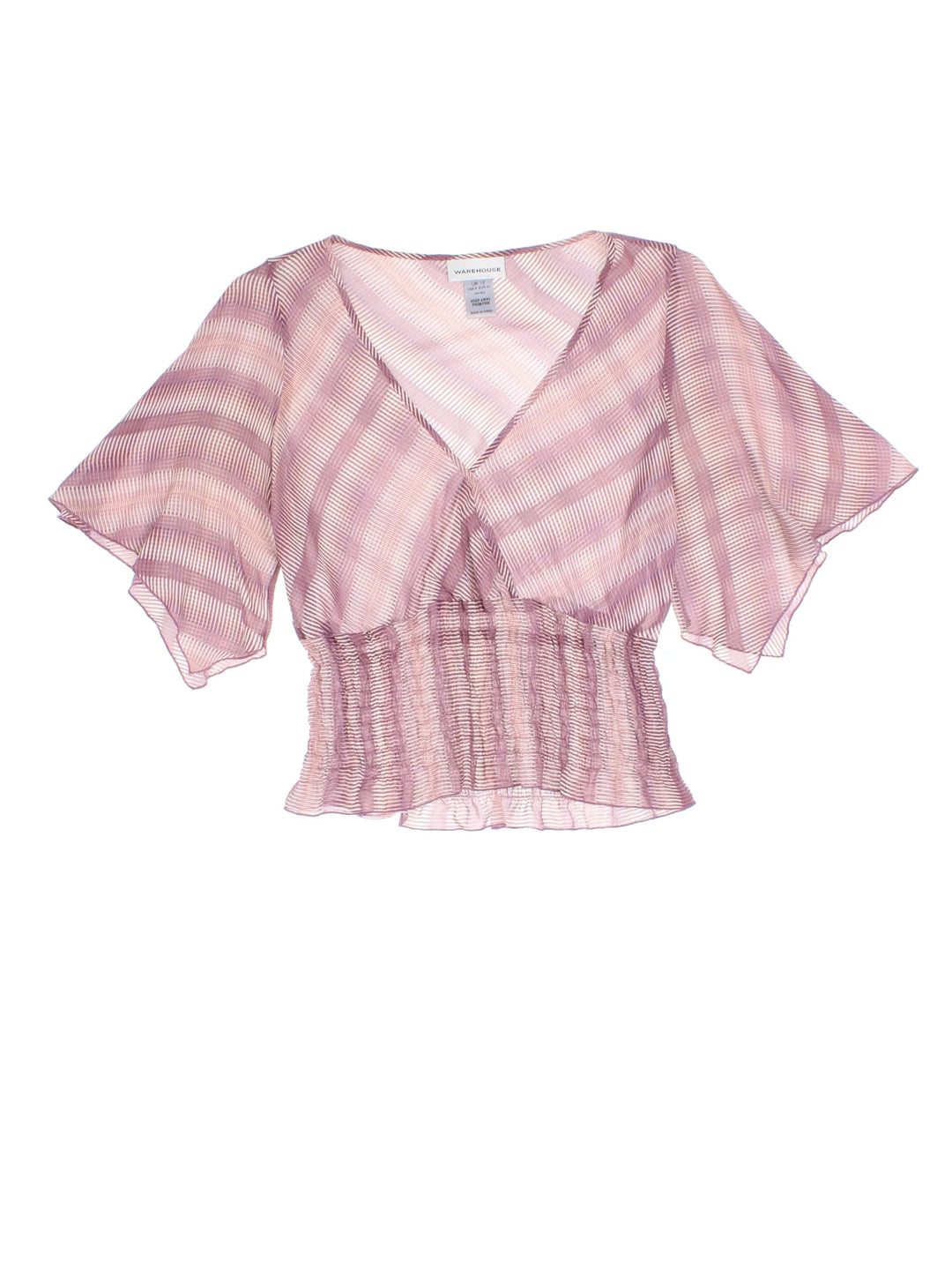 Y2K Cropped Blouse in a purple colourway, fluted sleeves with ruched waist and all over printed pattern.