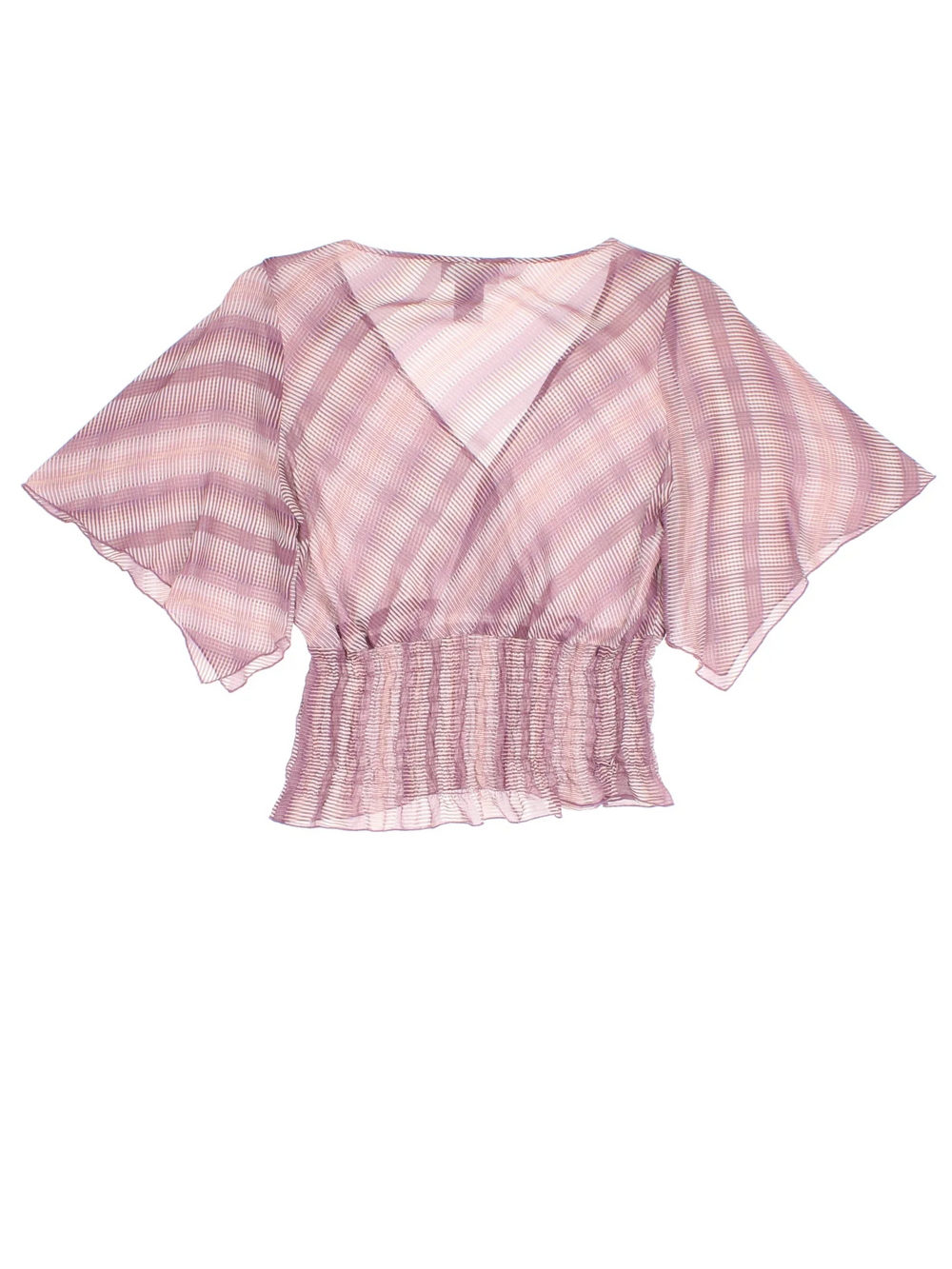 Y2K Cropped Blouse in a purple colourway, fluted sleeves with ruched waist and all over printed pattern.