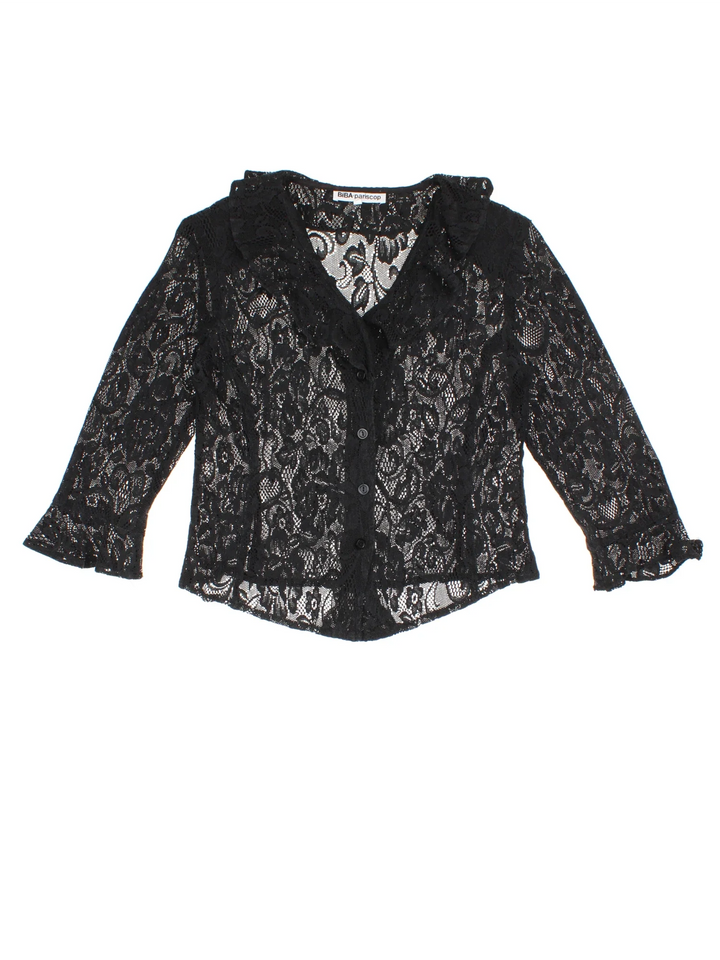 Vintage Biba Lace Blouse in a black colourway, button up with frill hem detail.