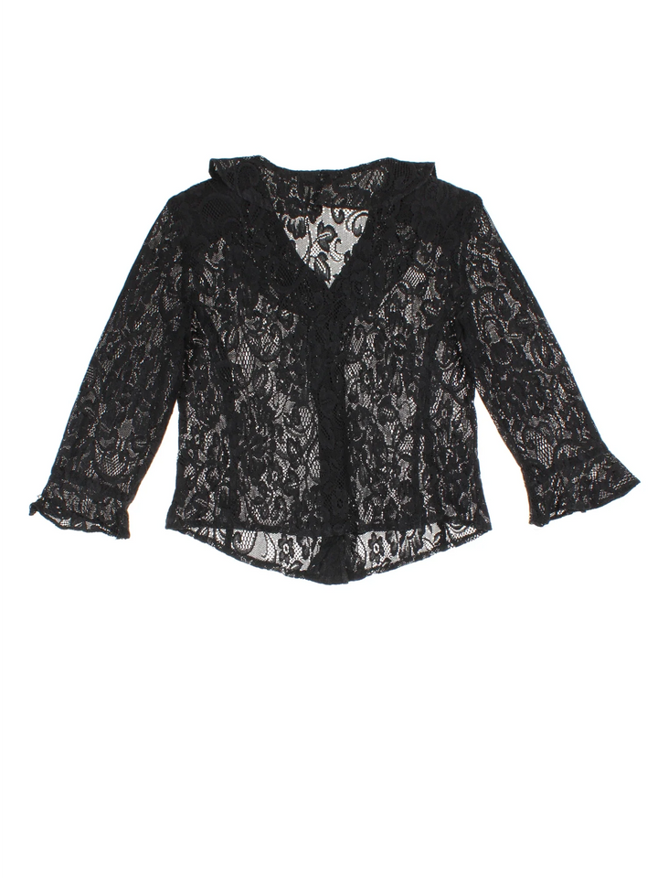 Vintage Biba Lace Blouse in a black colourway, button up with frill hem detail.