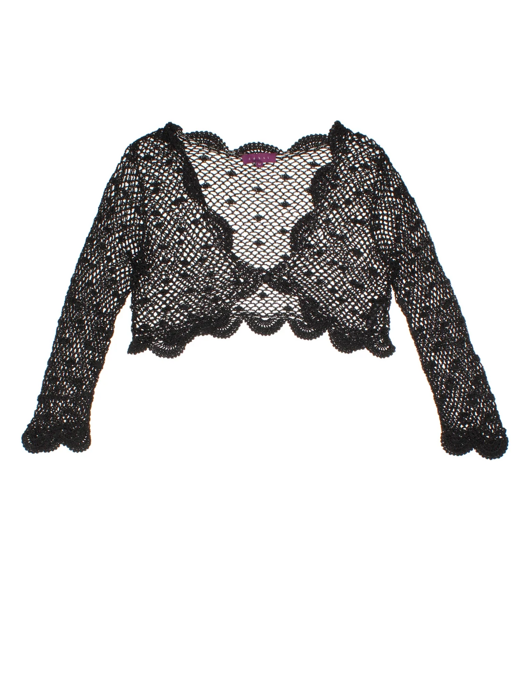 Y2K Crochet Shrug in a black colourway, button up with frill hem detail.