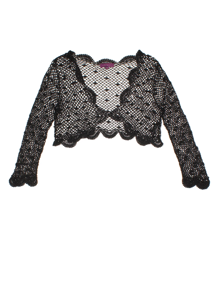 Y2K Crochet Shrug in a black colourway, button up with frill hem detail.