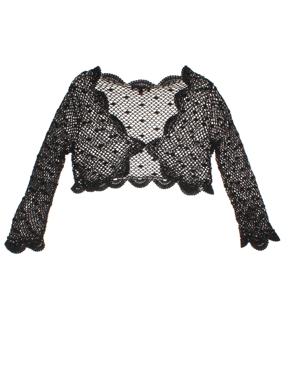 Y2K Crochet Shrug in a black colourway, button up with frill hem detail.