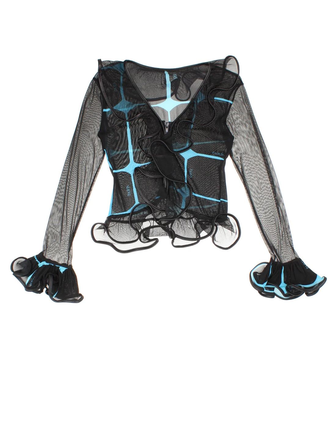 Y2K Paris Mesh Top in a black/blue colourway, zip up with all over print and frill hem detail.