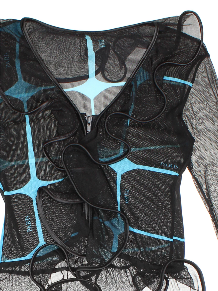 Y2K Paris Mesh Top in a black/blue colourway, zip up with all over print and frill hem detail.