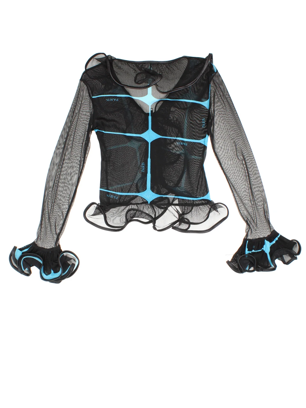 Y2K Paris Mesh Top in a black/blue colourway, zip up with all over print and frill hem detail.