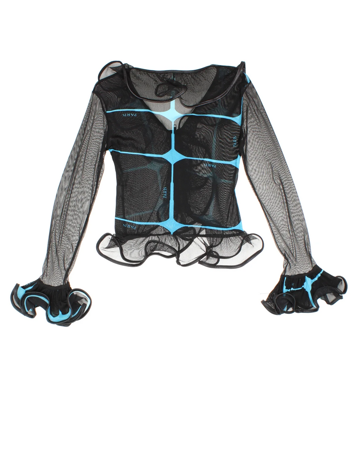 Y2K Paris Mesh Top in a black/blue colourway, zip up with all over print and frill hem detail.