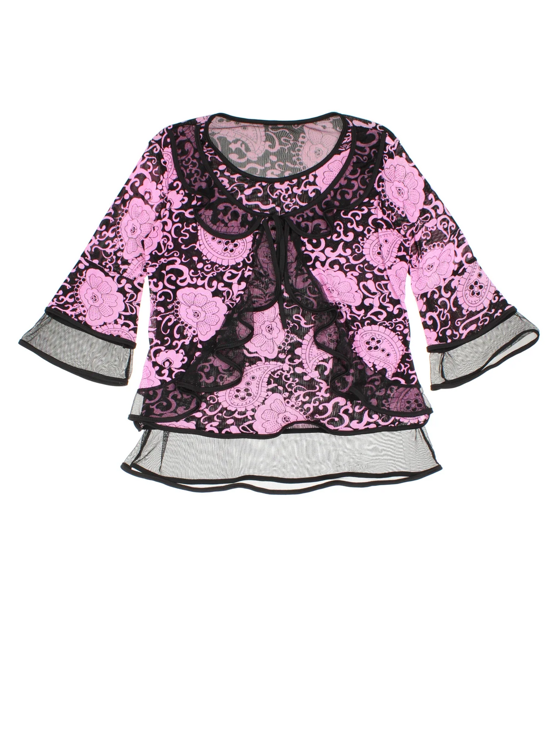 Y2K Layered Mesh Top in a pink/black colourway, round neck with all over print and double frill hem detail.