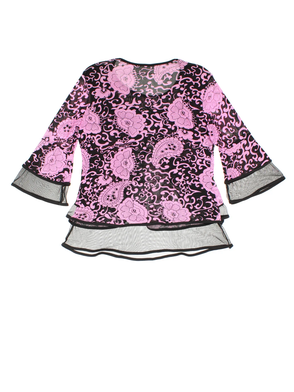 Y2K Layered Mesh Top in a pink/black colourway, round neck with all over print and double frill hem detail.