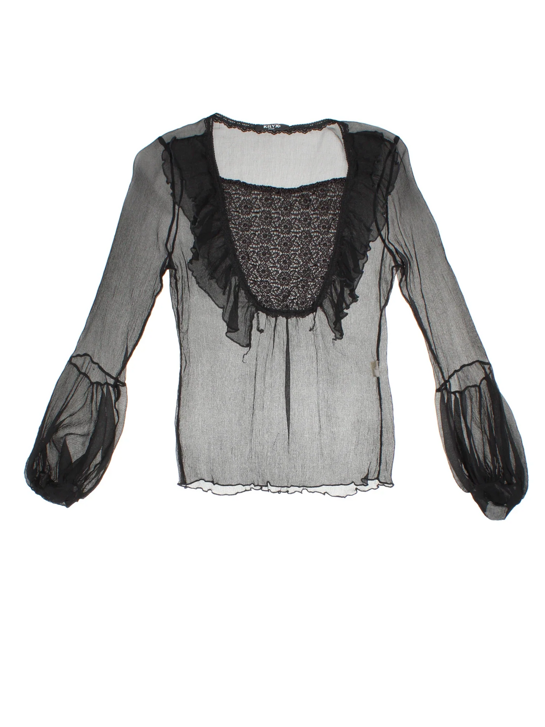 Y2K Sheer Lace Top in a black/ colourway, round neck with lace insert and frill hem detail.