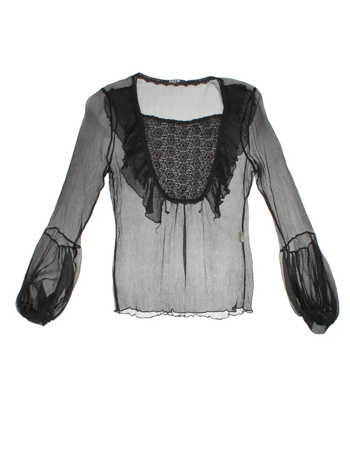 Y2K Sheer Lace Top in a black/ colourway, round neck with lace insert and frill hem detail.
