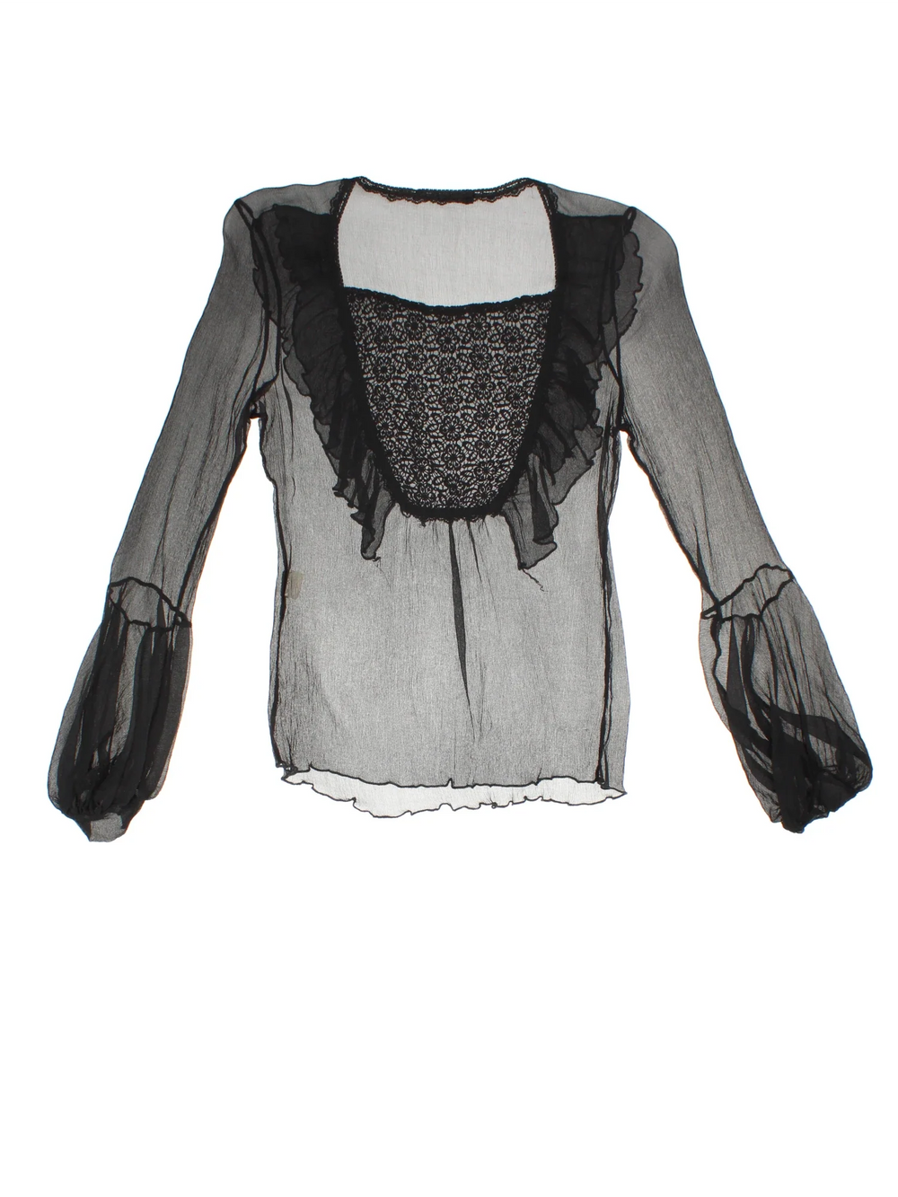 Y2K Sheer Lace Top in a black/ colourway, round neck with lace insert and frill hem detail.