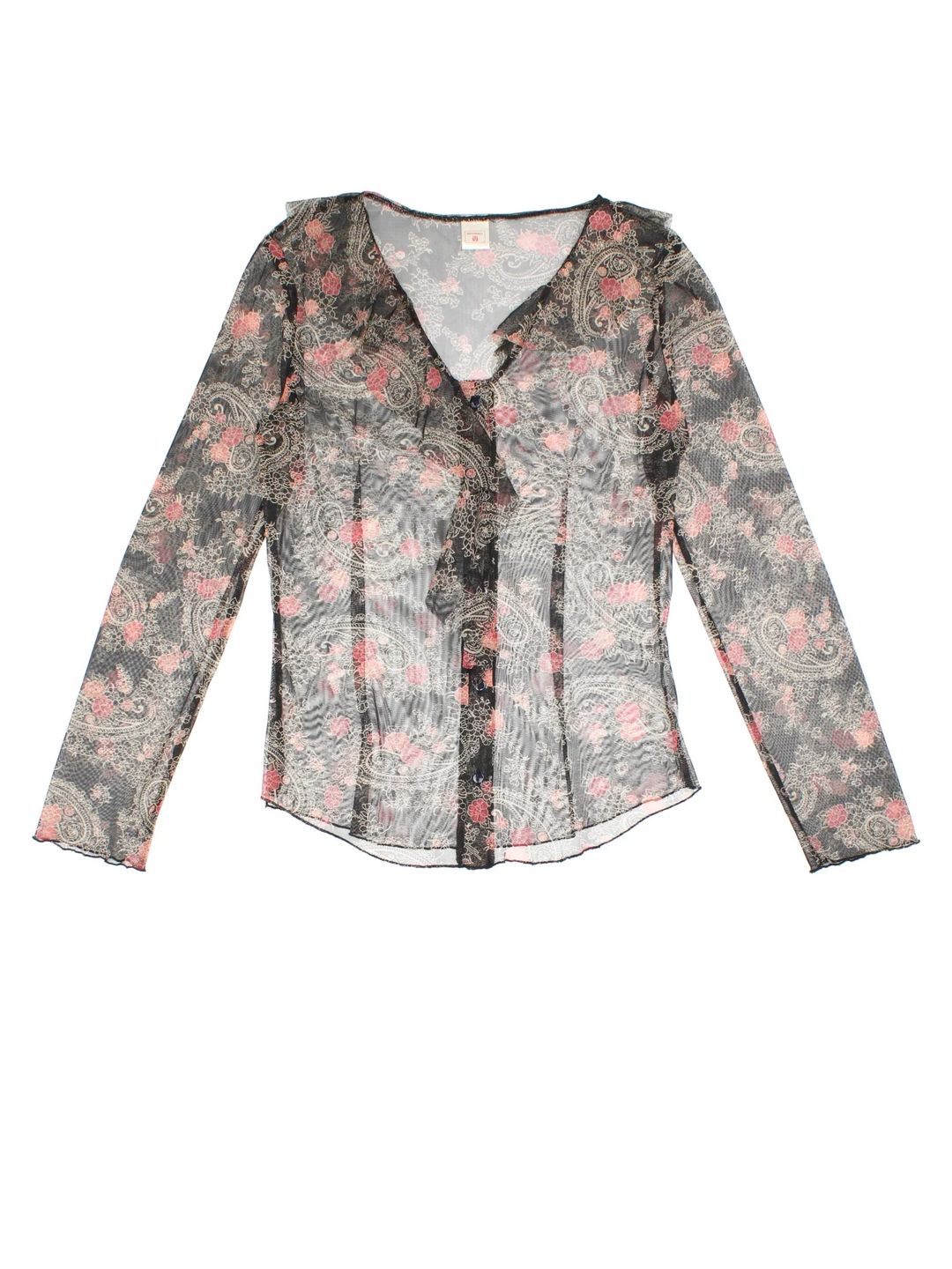 Y2K Floral Sheer Top in a black/pink colourway, V neck with button up fastening and frill hem detail.