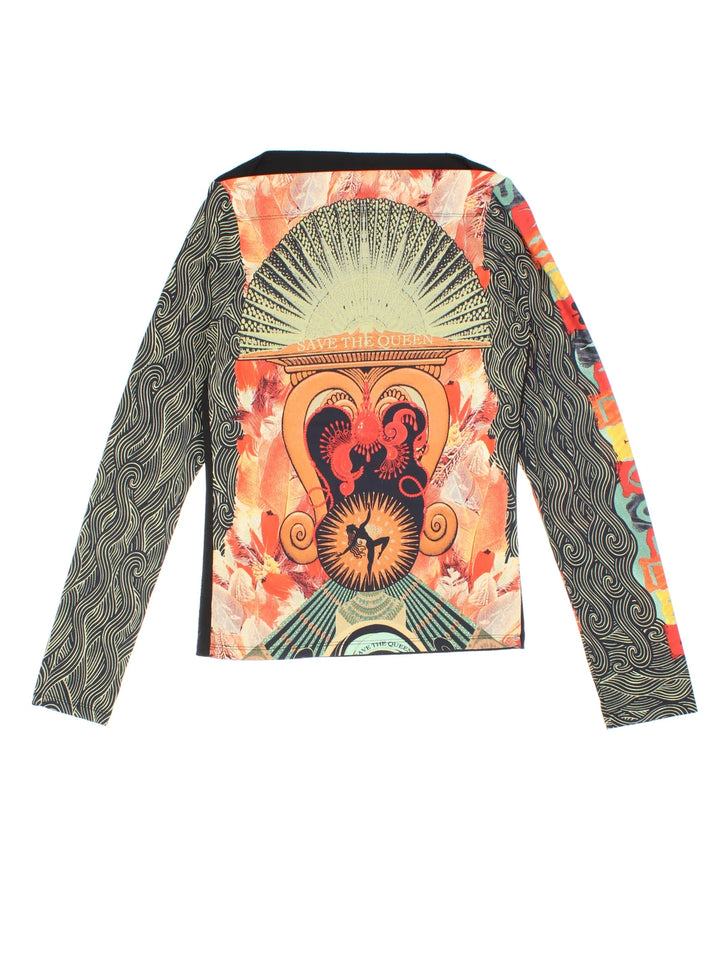 Vintage 90's Save The Queen Top in a black/orange colourway, slash neck with all over print and metal branded tab at the back.