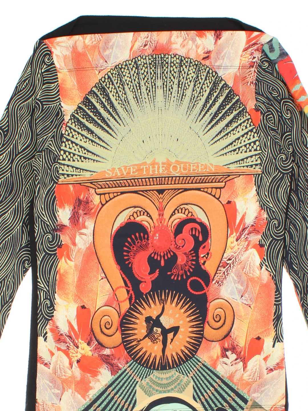 Vintage 90's Save The Queen Top in a black/orange colourway, slash neck with all over print and metal branded tab at the back.